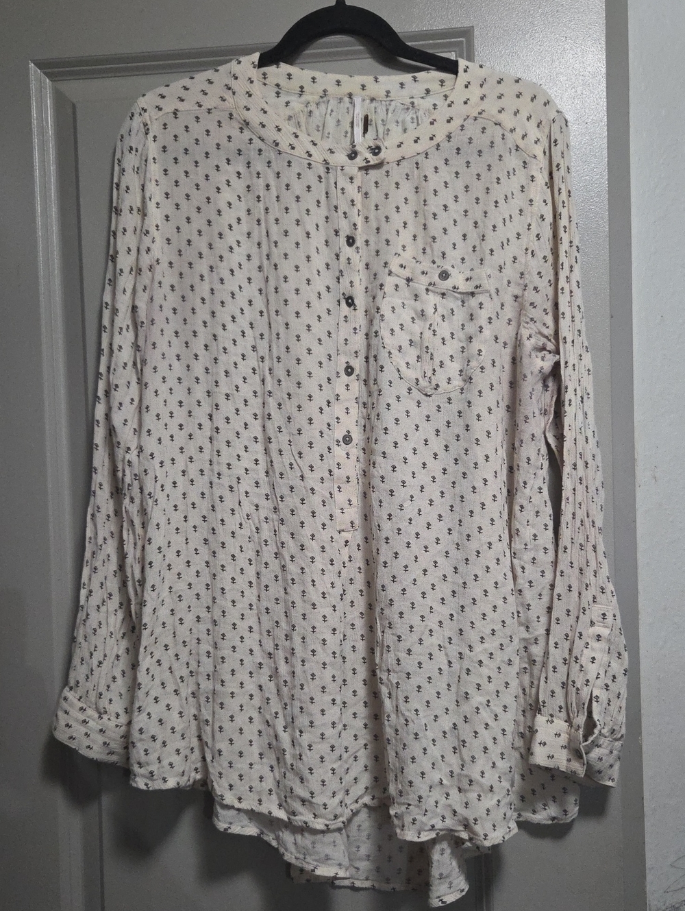 Free People Cream Button-Front Shirt with Navy Dot Motif